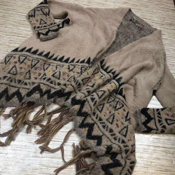 N-256 Haute Monde plush tribal open front  fringe cardigan BEIGE sz L - Picture 1 of 1